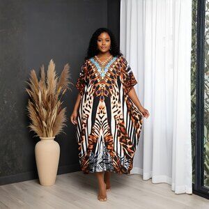 Gypsie Blu Animal Printed Polyester Caftan Dress Plus Size Women Comfy Maxi